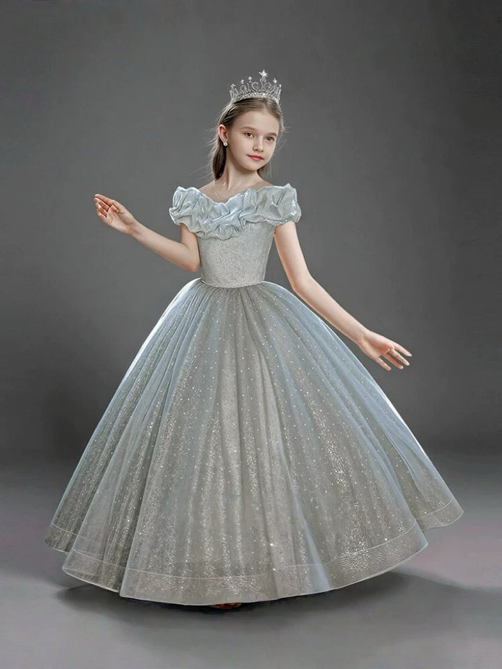 Light Green Off Shoulder Glitter Flower Girl Dress with Layered Tulle – Sparkly Ball Gown Flower Girl Dress Plus Size