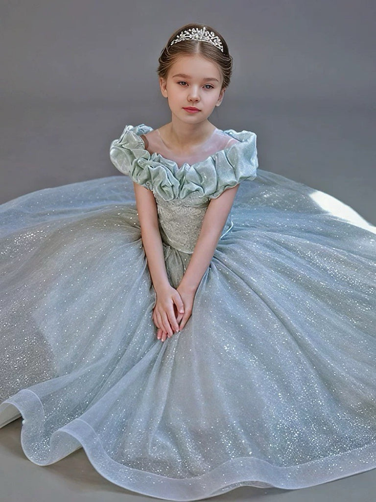 Light Green Off Shoulder Glitter Flower Girl Dress with Layered Tulle – Sparkly Ball Gown Flower Girl Dress Plus Size