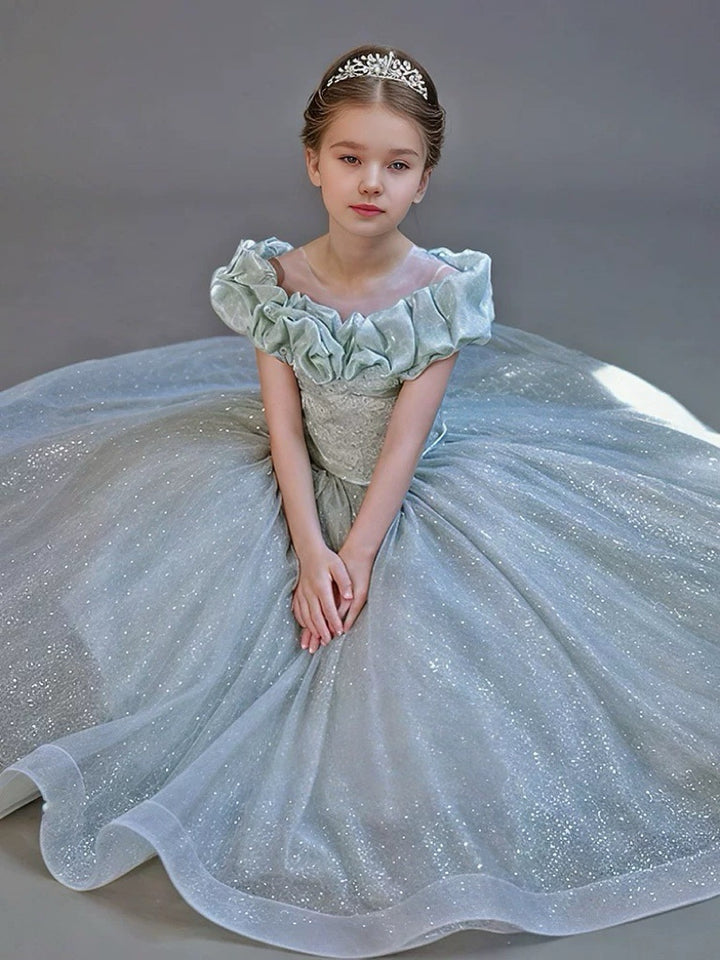 Light Green Off Shoulder Glitter Flower Girl Dress with Layered Tulle – Sparkly Ball Gown Flower Girl Dress Plus Size