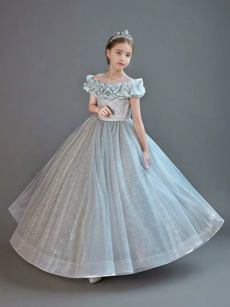 Light Green Off Shoulder Glitter Flower Girl Dress with Layered Tulle – Sparkly Ball Gown Flower Girl Dress Plus Size