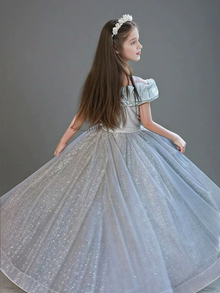 Light Green Off Shoulder Glitter Flower Girl Dress with Layered Tulle – Sparkly Ball Gown Flower Girl Dress Plus Size