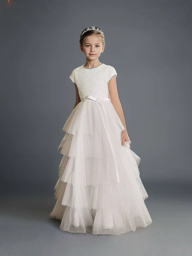 White Pearl Beaded Flower Girl Dress with Tiered Tulle Skirt – Layered Tulle Ruffle Flower Girl Dress Plus Size