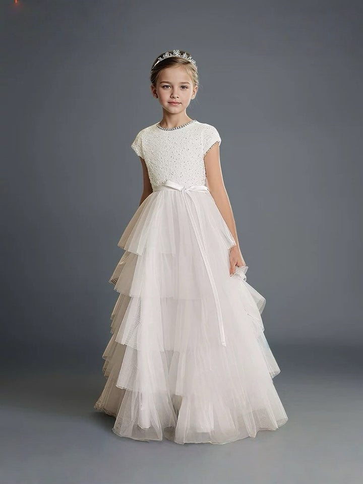 White Pearl Beaded Flower Girl Dress with Tiered Tulle Skirt – Layered Tulle Ruffle Flower Girl Dress Plus Size