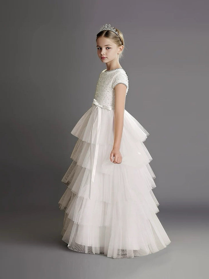 White Pearl Beaded Flower Girl Dress with Tiered Tulle Skirt – Layered Tulle Ruffle Flower Girl Dress Plus Size