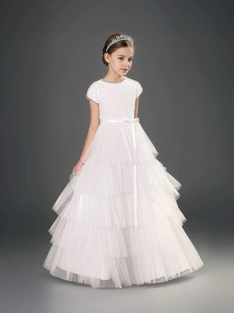 White Pearl Beaded Flower Girl Dress with Tiered Tulle Skirt – Layered Tulle Ruffle Flower Girl Dress Plus Size