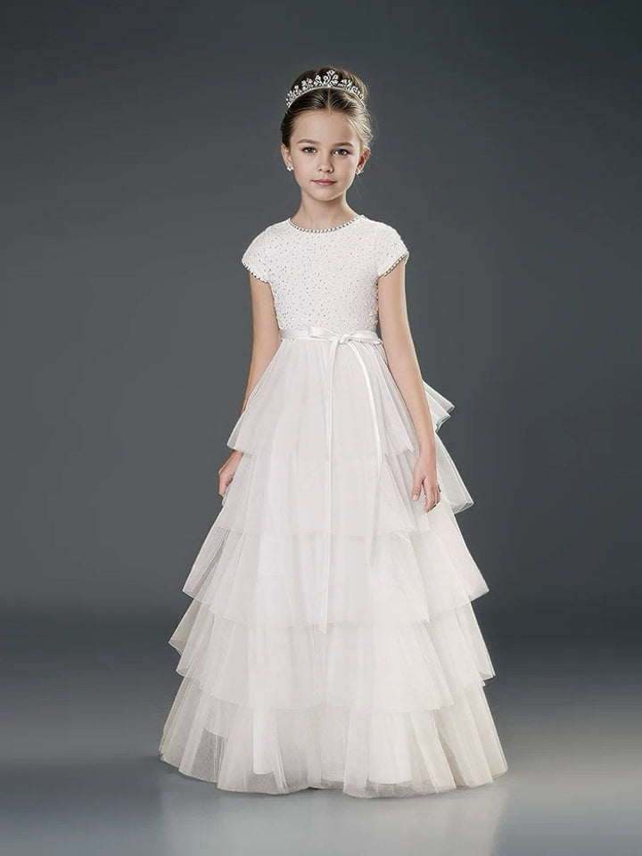 White Pearl Beaded Flower Girl Dress with Tiered Tulle Skirt – Layered Tulle Ruffle Flower Girl Dress Plus Size