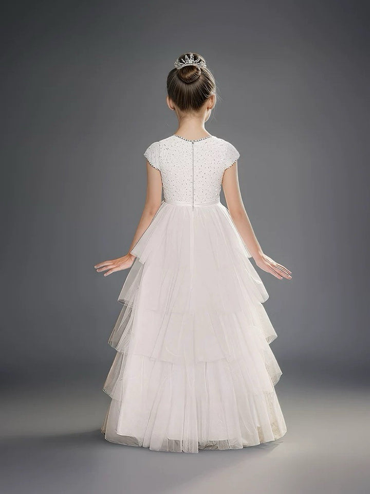 White Pearl Beaded Flower Girl Dress with Tiered Tulle Skirt – Layered Tulle Ruffle Flower Girl Dress Plus Size