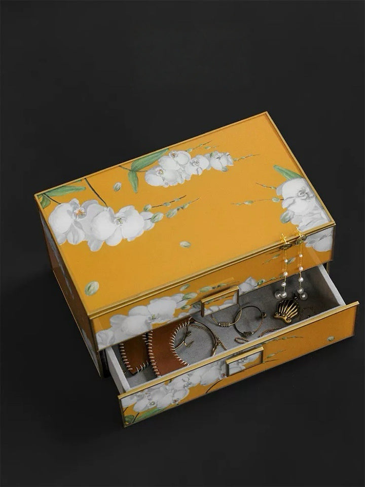 Vintage-Inspired Handmade French Yellow Orchid Painted Glass Jewelry Box
