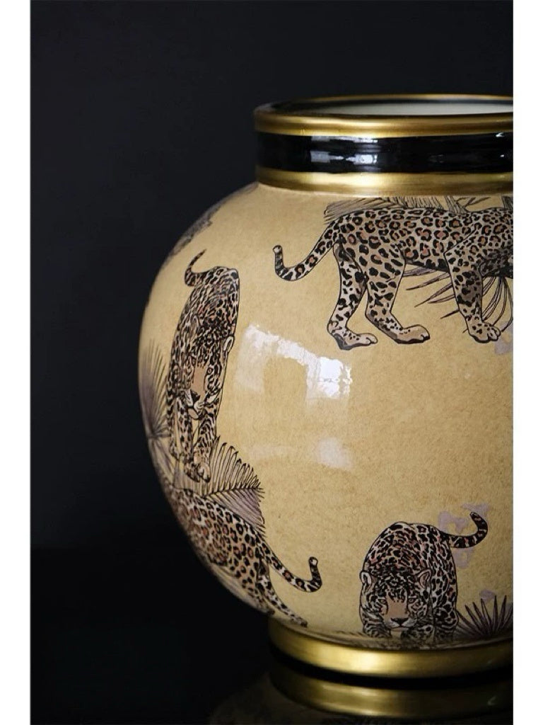 Vintage-Inspired Handmade French Painted Ceramic Leopard Vase