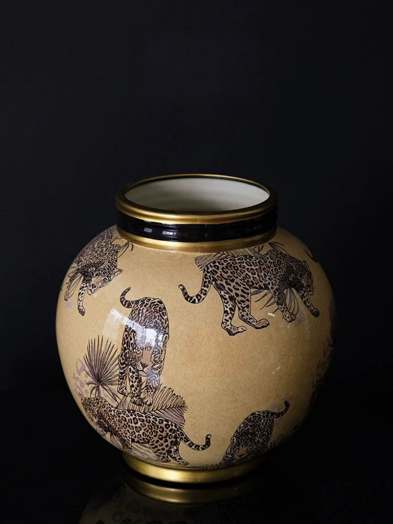 Vintage-Inspired Handmade French Painted Ceramic Leopard Vase