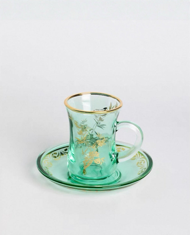 Vintage-Inspired Handmade Italian Green and Gold Painted Glass Coffee Cup
