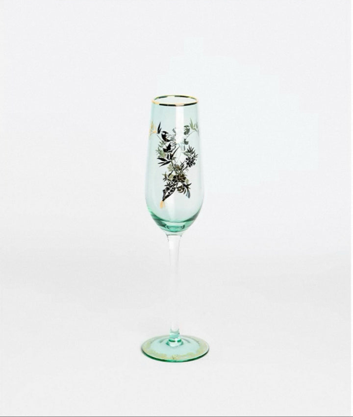 Vintage-Inspired Handmade Italian Green Gilded Glass Champagne Flutes