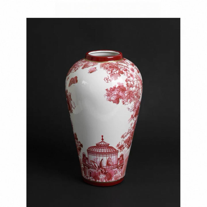 Vintage-Inspired Handmade Italian Red and White Porcelain Vase with Toile de Jouy Design