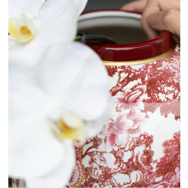 Vintage-Inspired Handmade Italian Red and White Porcelain Vase with Toile de Jouy Design