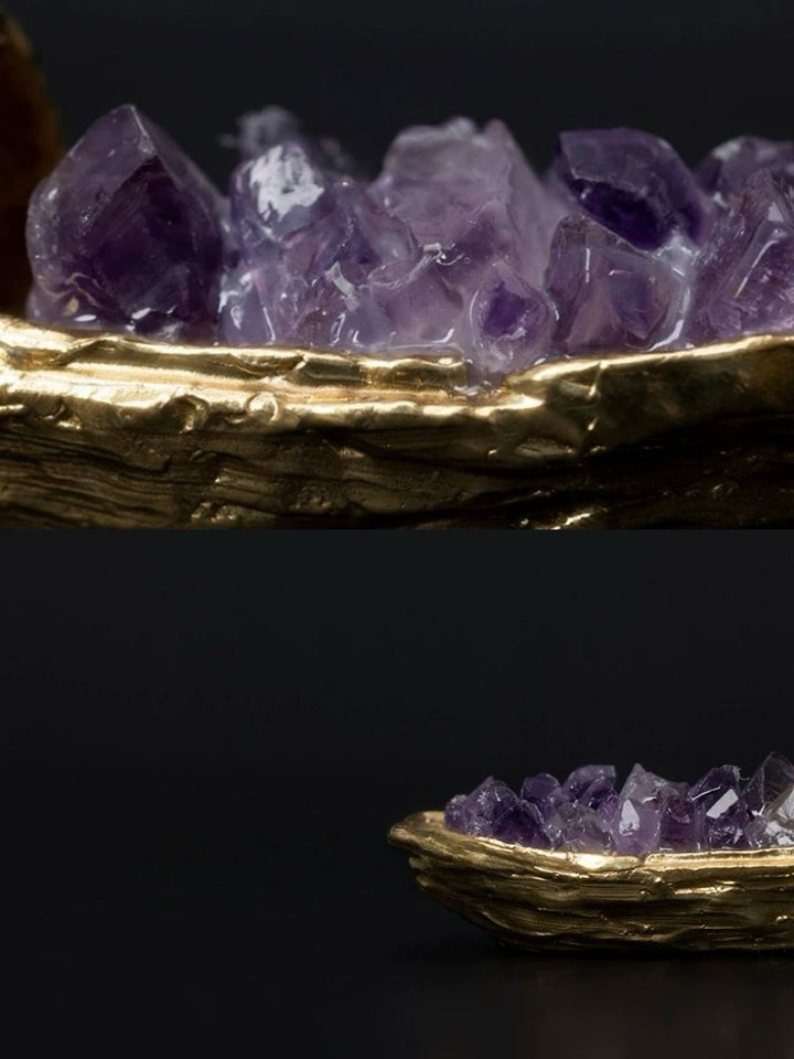Antique Handmade Golden Brass Decor and Amethyst Decorative Stone