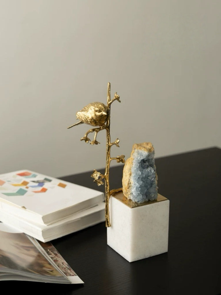Oriental Handcrafted Golden Brass and Blue Crystal Bird Sculpture on Marble Base