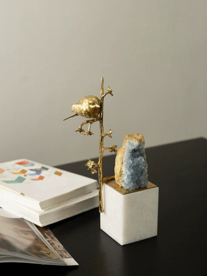 Oriental Handcrafted Golden Brass and Blue Crystal Bird Sculpture on Marble Base
