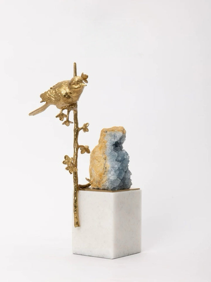 Oriental Handcrafted Golden Brass and Blue Crystal Bird Sculpture on Marble Base
