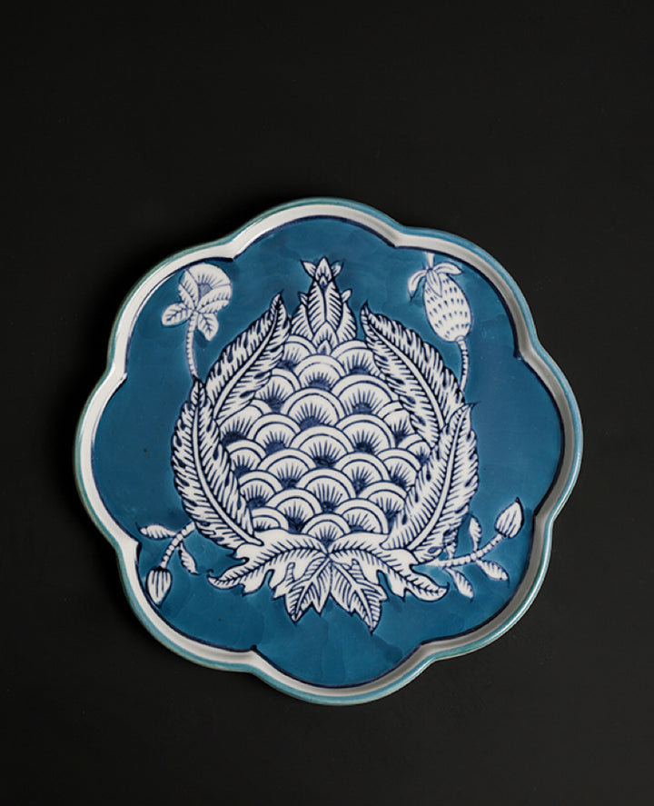 Antique Handcrafted Blue and White Pedestal Bowl and Painted Porcelain Plates