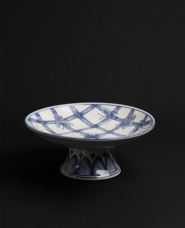 Antique Handcrafted Blue and White Pedestal Bowl and Painted Porcelain Plates