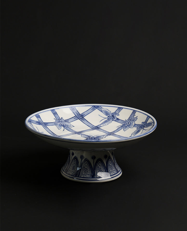 Antique Handcrafted Blue and White Pedestal Bowl and Painted Porcelain Plates