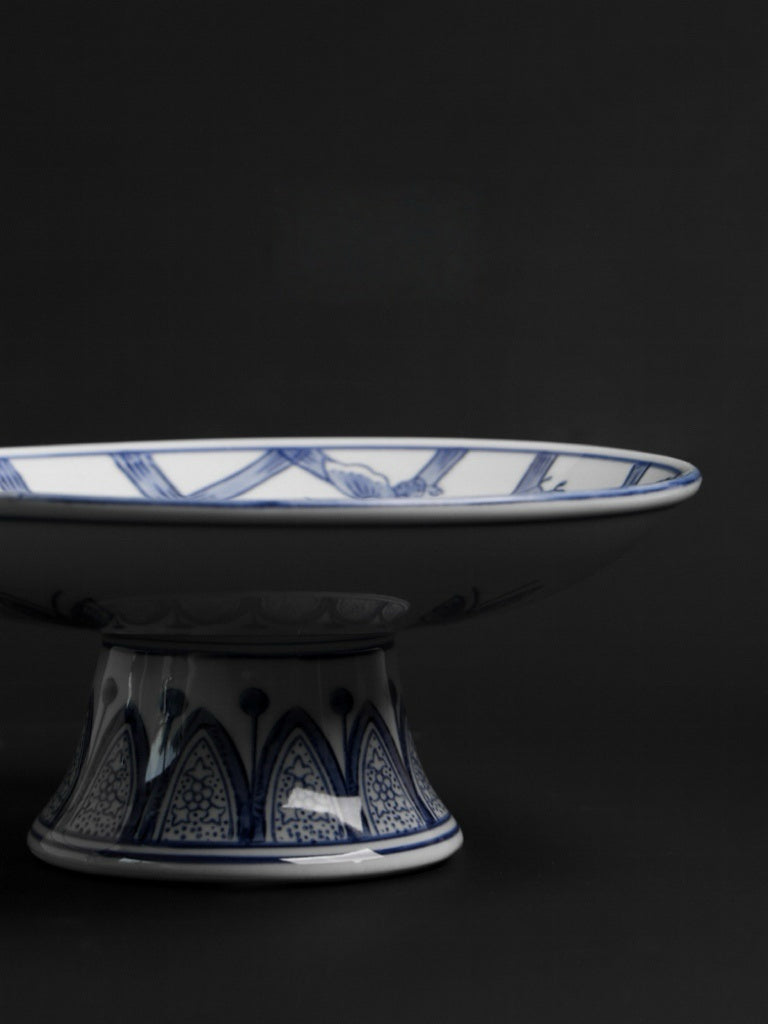 Antique Handcrafted Blue and White Pedestal Bowl and Painted Porcelain Plates