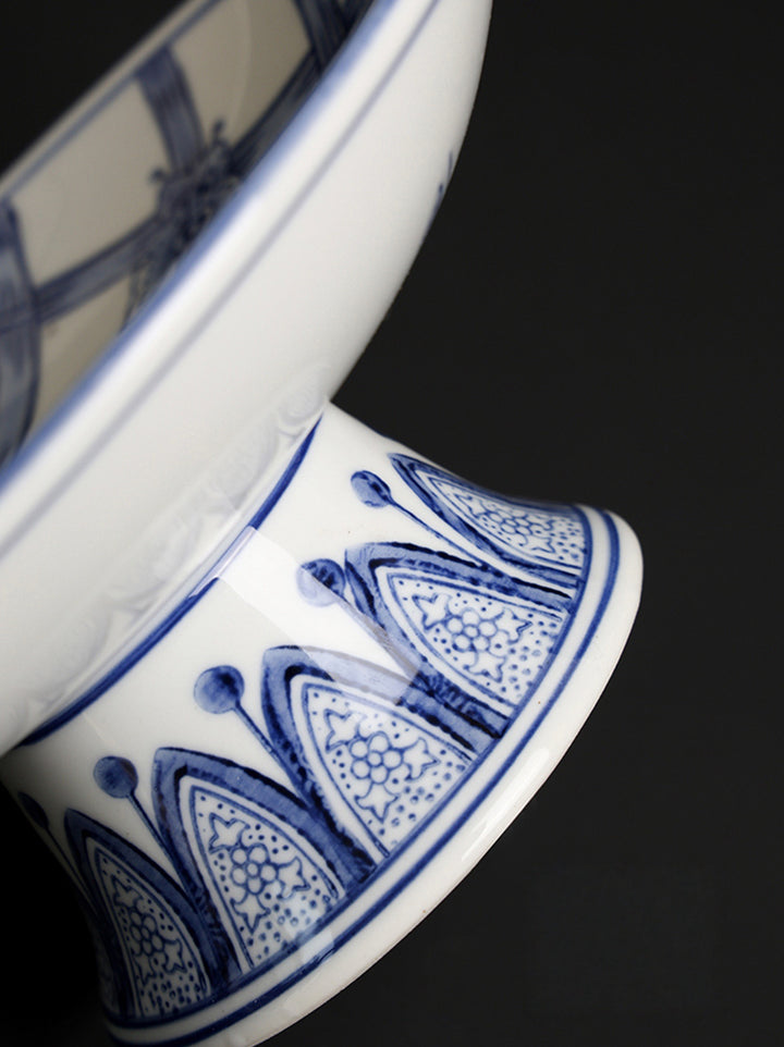 Antique Handcrafted Blue and White Pedestal Bowl and Painted Porcelain Plates