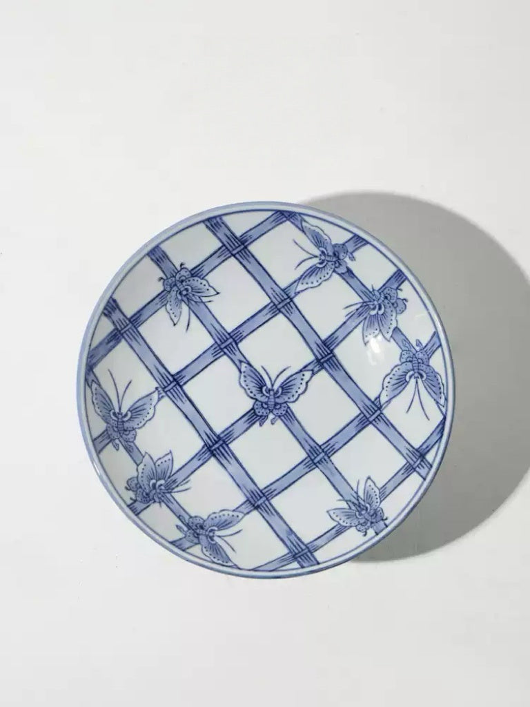 Antique Handcrafted Blue and White Pedestal Bowl and Painted Porcelain Plates