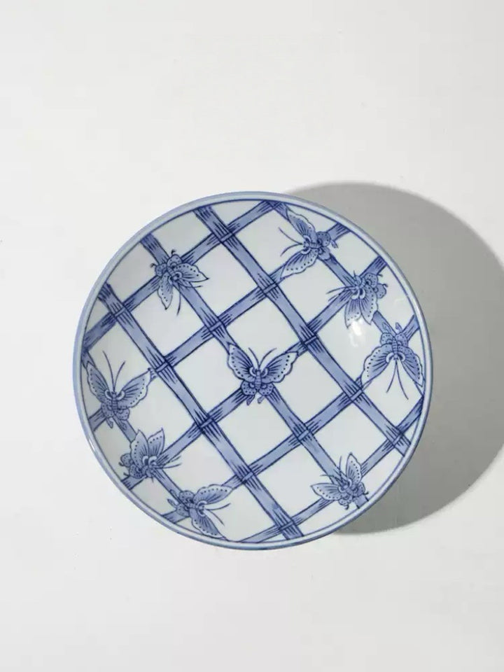 Antique Handcrafted Blue and White Pedestal Bowl and Painted Porcelain Plates