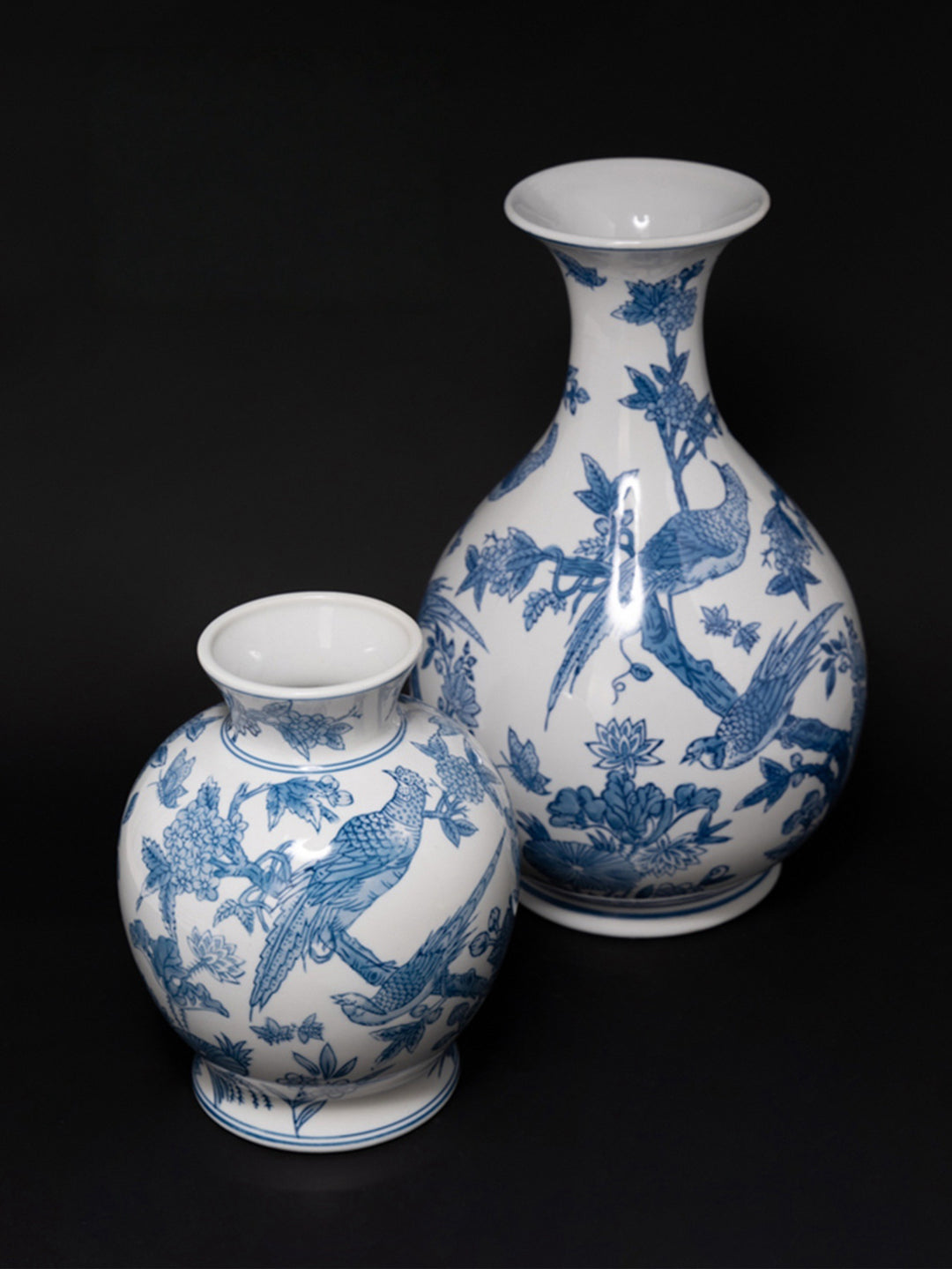 Mandarin Handmade Blue and White Porcelain Vases with Hand Painted Phoenix and Floral Design