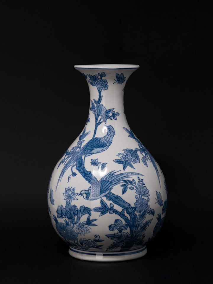 Mandarin Handmade Blue and White Porcelain Vases with Hand Painted Phoenix and Floral Design