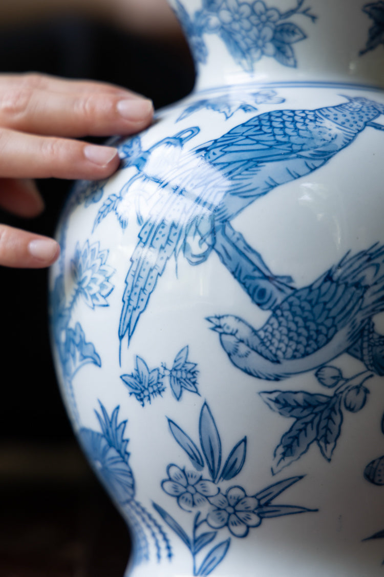 Mandarin Handmade Blue and White Porcelain Vases with Hand Painted Phoenix and Floral Design