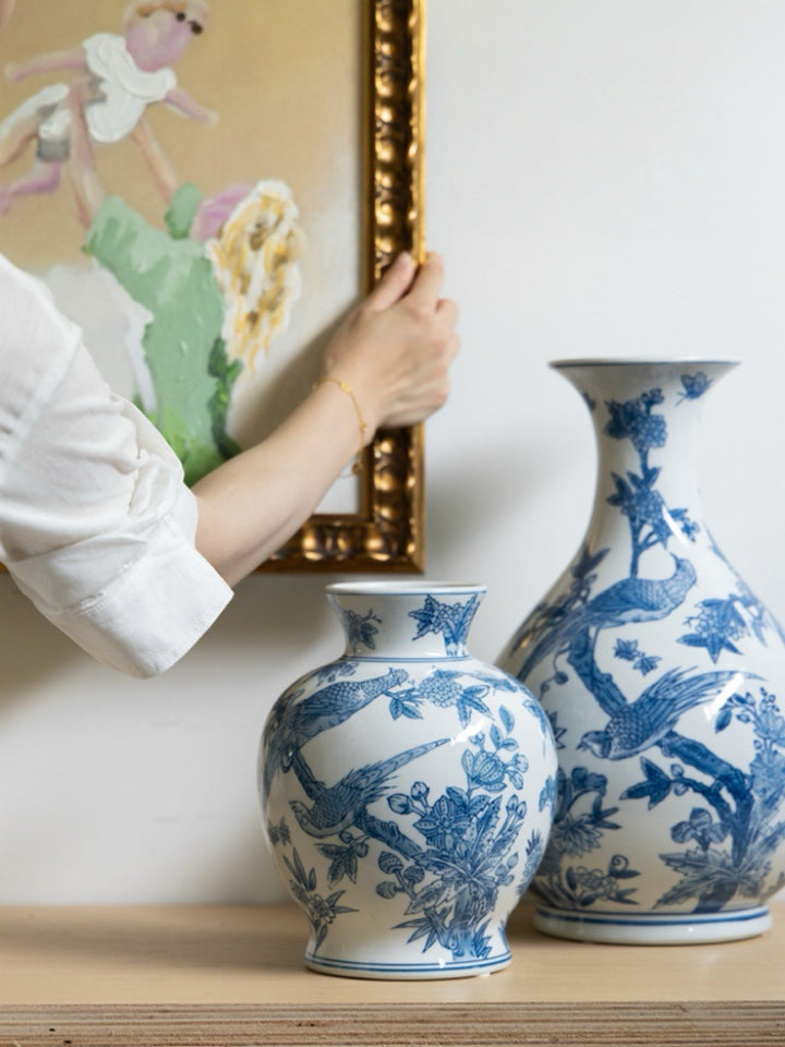 Mandarin Handmade Blue and White Porcelain Vases with Hand Painted Phoenix and Floral Design