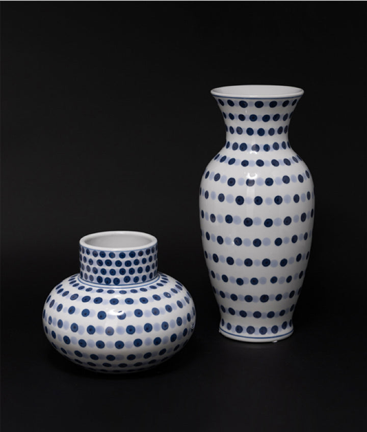 Vintage-Inspired Artistical Handcrafted Blue and White Porcelain Vase Set with Hand Painted Polka Dot