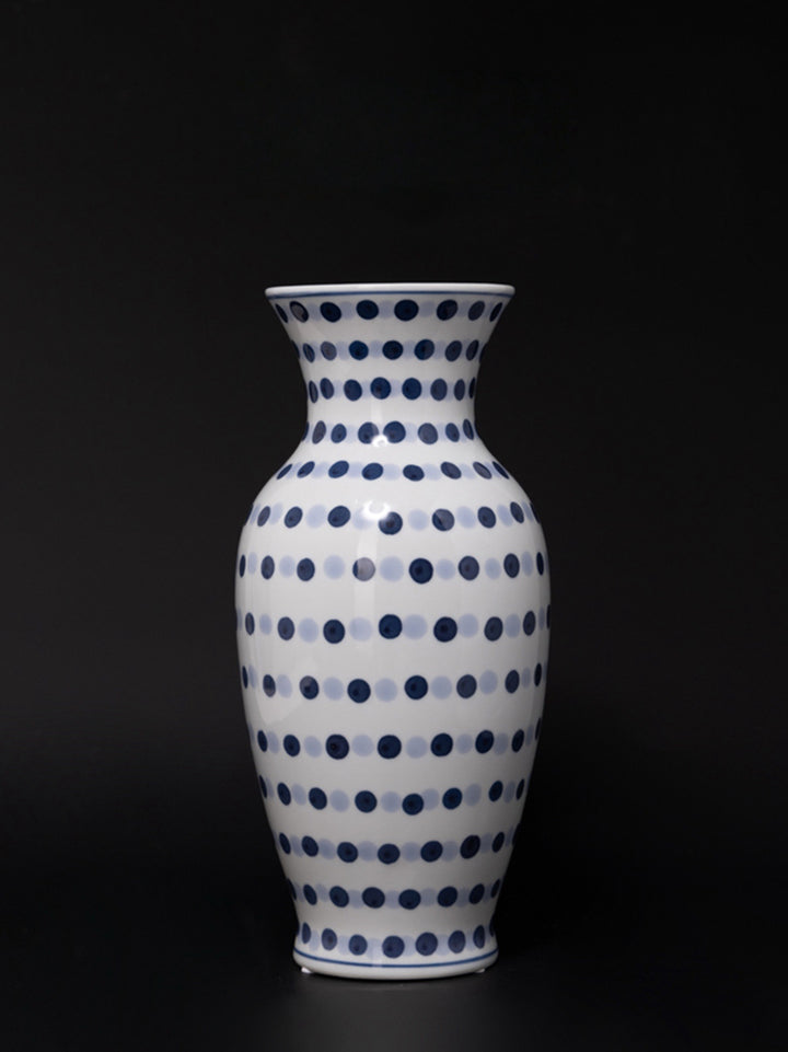 Vintage-Inspired Artistical Handcrafted Blue and White Porcelain Vase Set with Hand Painted Polka Dot