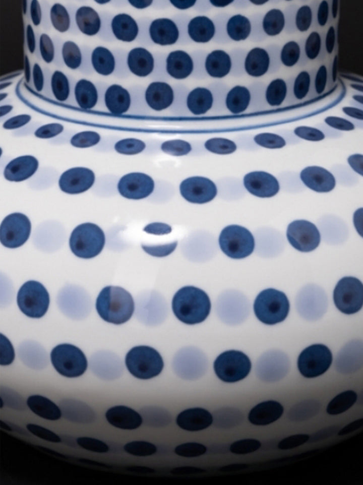 Vintage-Inspired Artistical Handcrafted Blue and White Porcelain Vase Set with Hand Painted Polka Dot