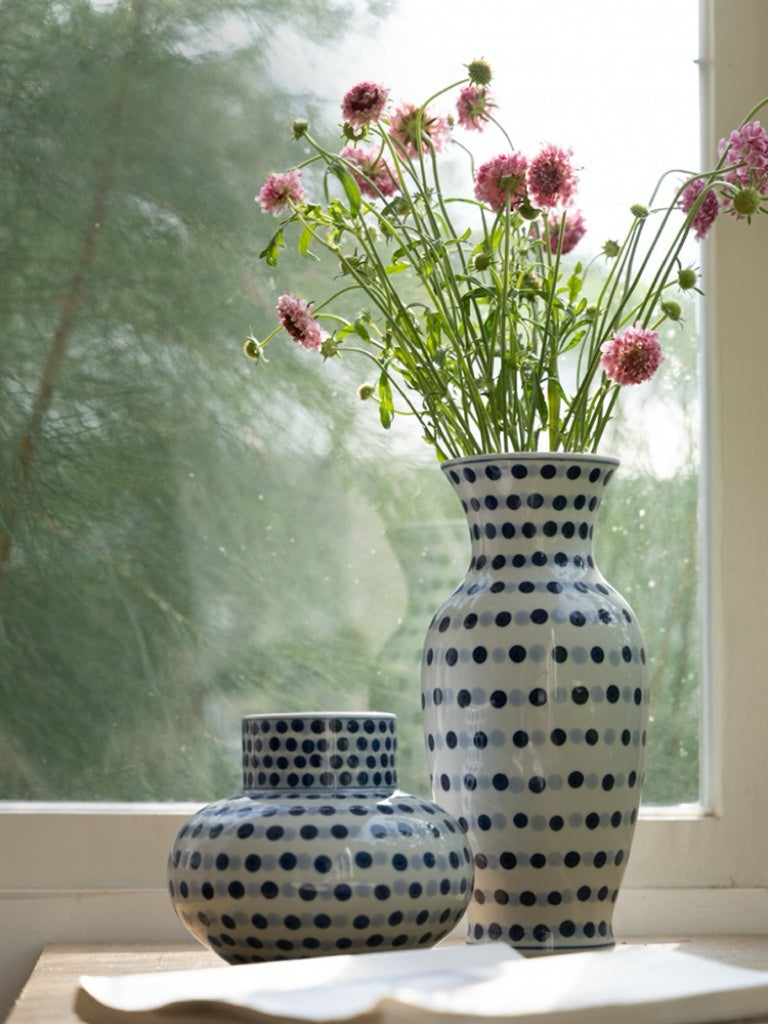 Vintage-Inspired Artistical Handcrafted Blue and White Porcelain Vase Set with Hand Painted Polka Dot