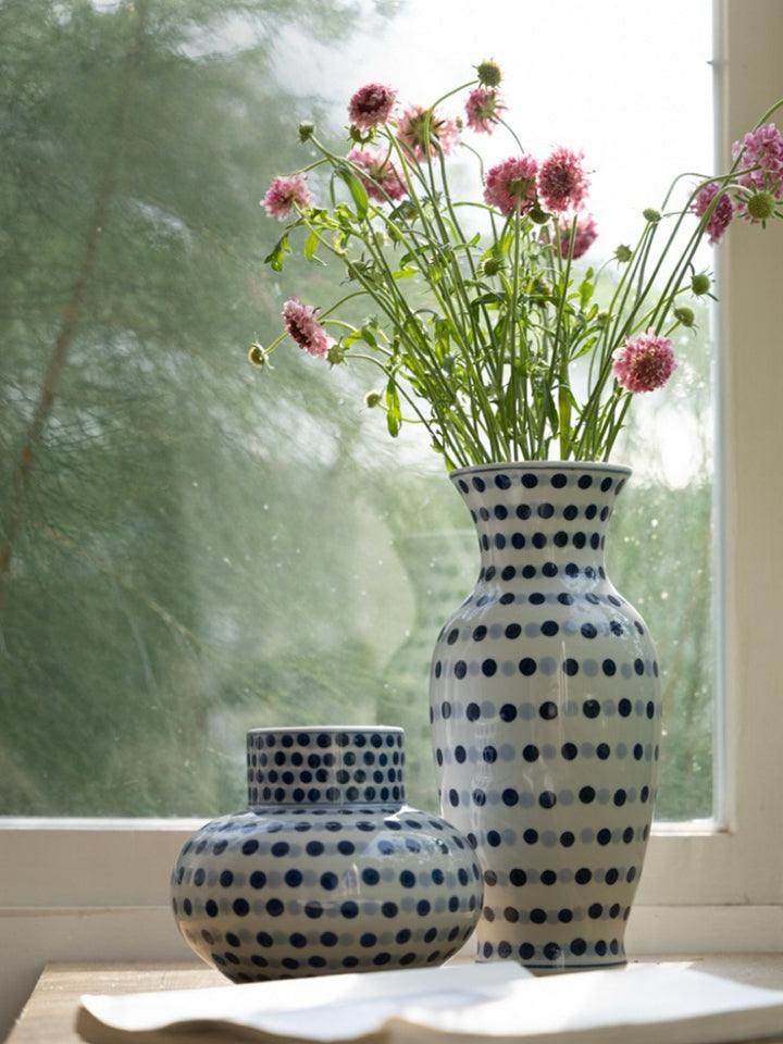 Vintage-Inspired Artistical Handcrafted Blue and White Porcelain Vase Set with Hand Painted Polka Dot