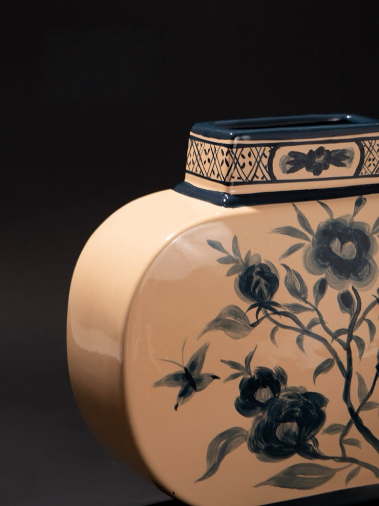 Antique Italian Porcelain Vase with Hand Painted Blue Floral Design in Spring Pink