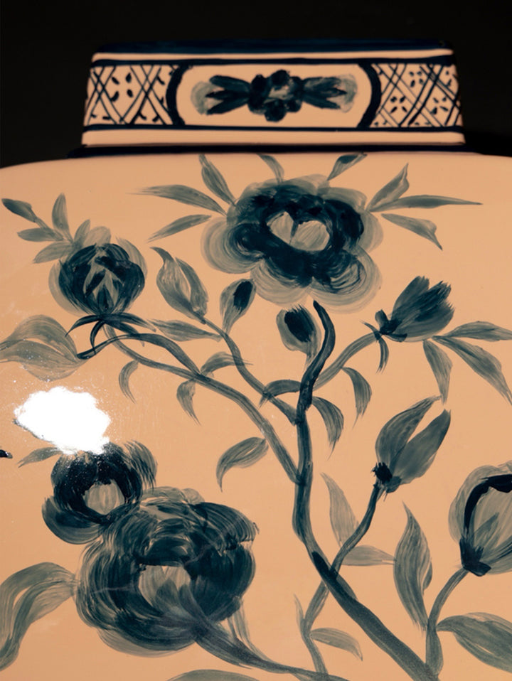 Antique Italian Porcelain Vase with Hand Painted Blue Floral Design in Spring Pink