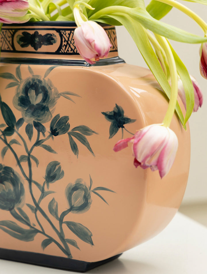 Antique Italian Porcelain Vase with Hand Painted Blue Floral Design in Spring Pink