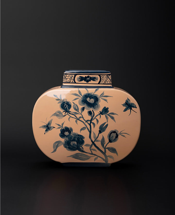 Antique Italian Porcelain Vase with Hand Painted Blue Floral Design in Spring Pink