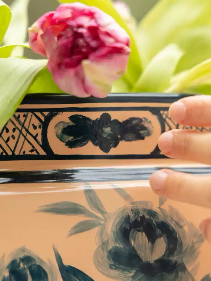 Antique Italian Porcelain Vase with Hand Painted Blue Floral Design in Spring Pink