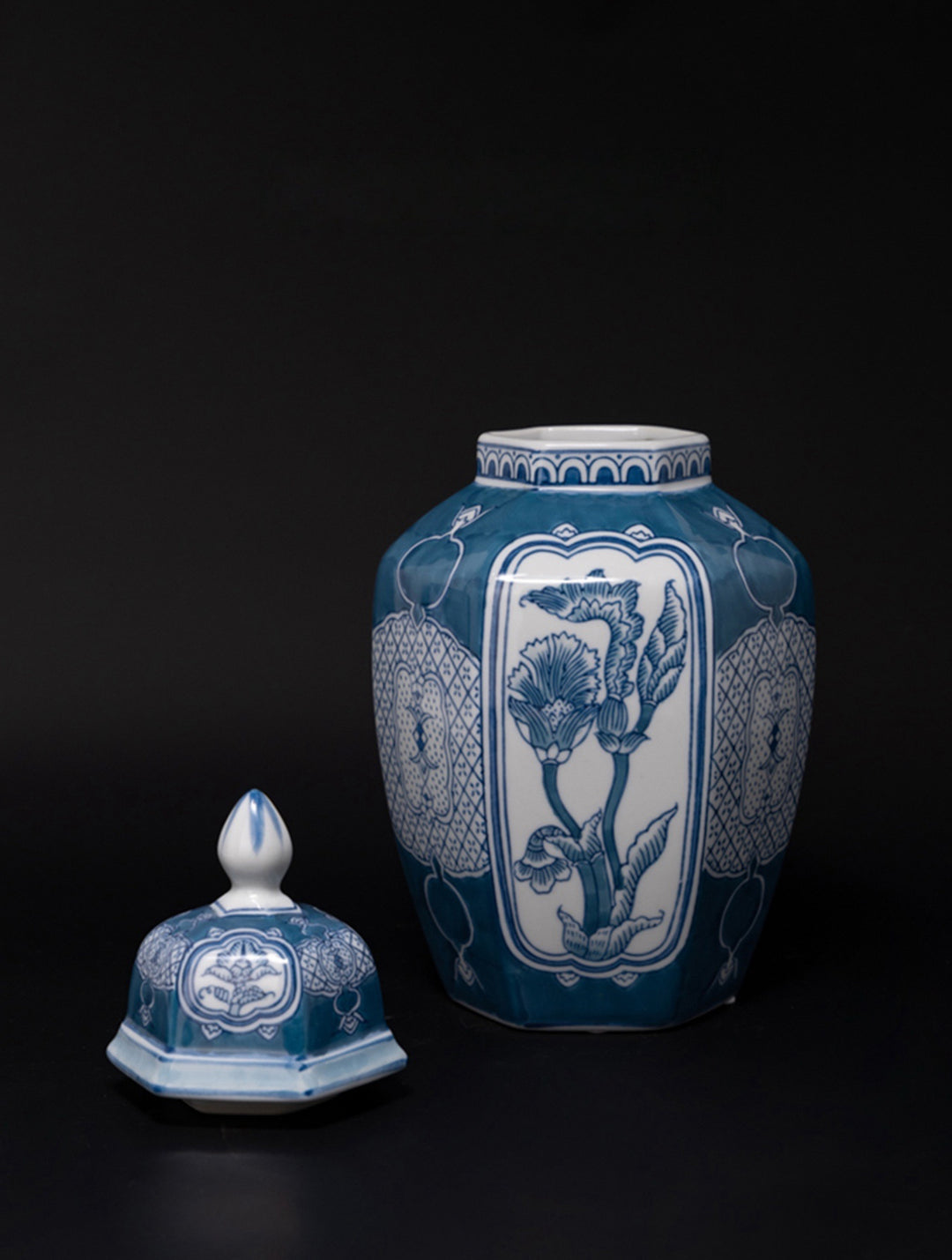 Antique Handmade Blue and White Porcelain Vase with Hand Painted Floral and Pomegranate Design