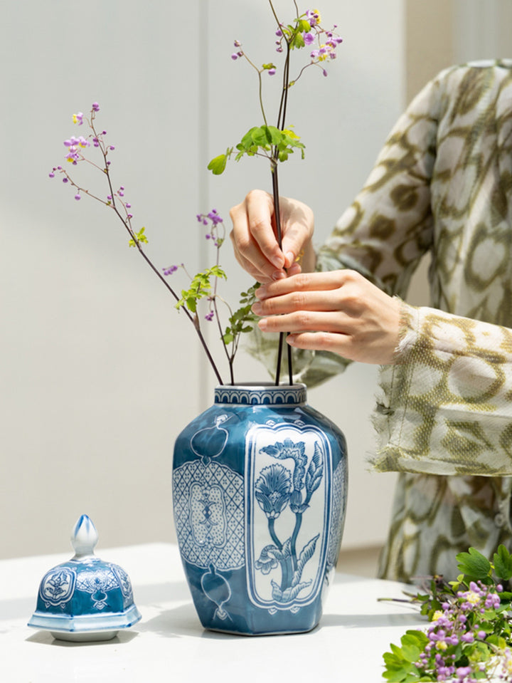 Antique Handmade Blue and White Porcelain Vase with Hand Painted Floral and Pomegranate Design