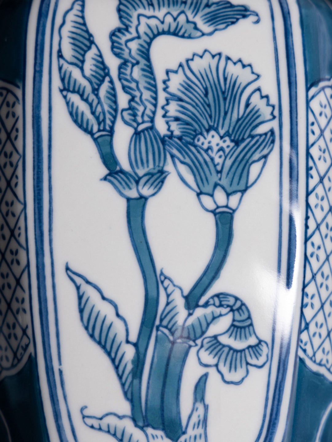Antique Handmade Blue and White Porcelain Vase with Hand Painted Floral and Pomegranate Design