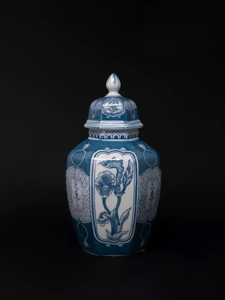 Antique Handmade Blue and White Porcelain Vase with Hand Painted Floral and Pomegranate Design