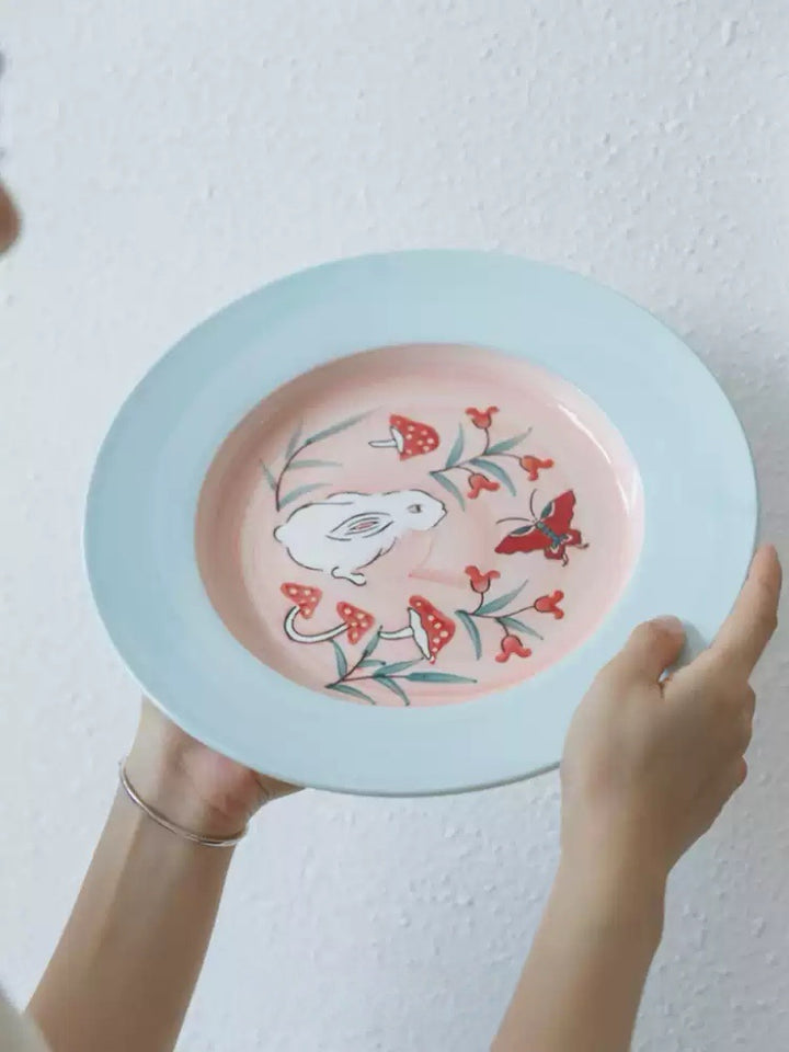 Vintage-Inspired Artistical Italian Hand-Painted Porcelain Plate in Tiffany Blue and Soft Pink