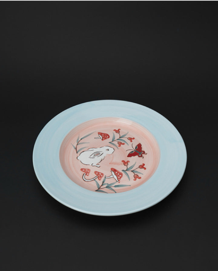 Vintage-Inspired Artistical Italian Hand-Painted Porcelain Plate in Tiffany Blue and Soft Pink