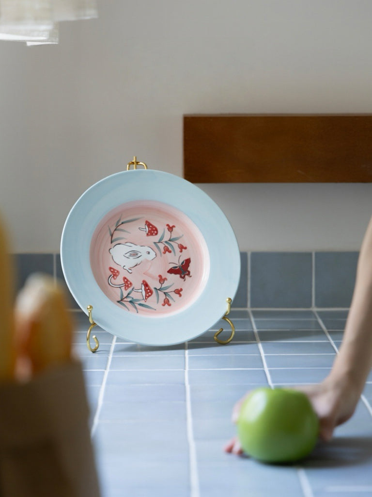 Vintage-Inspired Artistical Italian Hand-Painted Porcelain Plate in Tiffany Blue and Soft Pink
